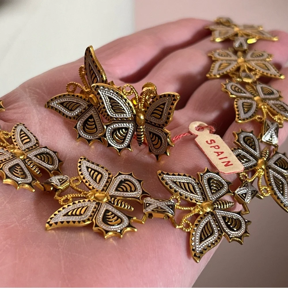 Art deco Gold Plated Spanish Damascene Butterfly vintage Necklace Earring set
